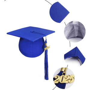 A blue mortarboard graduation cap with a gold 2025 tassel and detailed fabric sections shown around it.