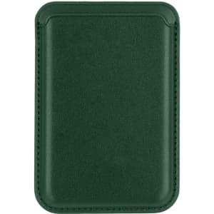A green PU magnetic phone card holder with a smooth finish and stitching around the edges. It features a logo.