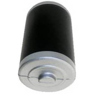 A battery-shaped stress reliever in black and silver, featuring a metallic base and a smooth surface.
