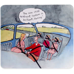 A mouse pad featuring a cartoon illustration of a family in a car with a humorous quote, predominantly in muted colours.