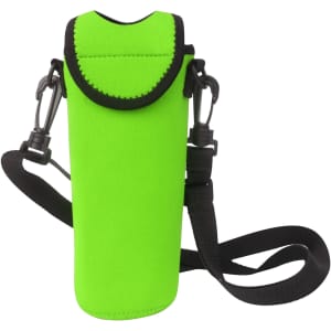 A drink bottle cooler in bright green with a black strap and securing clips. Features a logo on the front.