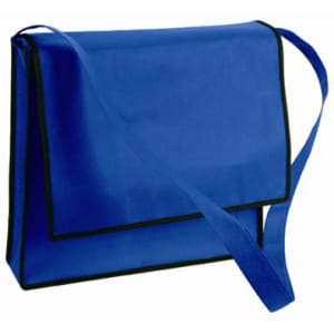A blue non-woven sling bag with a black trim and an adjustable shoulder strap, featuring a front flap and a logo.