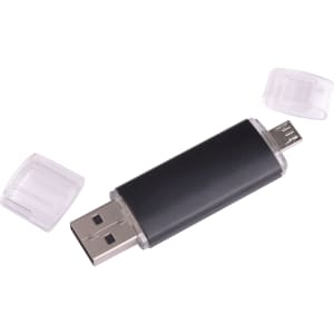 A double-ended black flash drive with protective caps on both ends, featuring USB and micro-USB connectors.