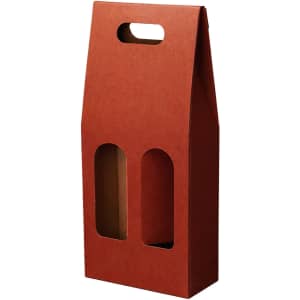 A portable wine box made of red cardboard, featuring two clear windows and a handle for easy carrying.