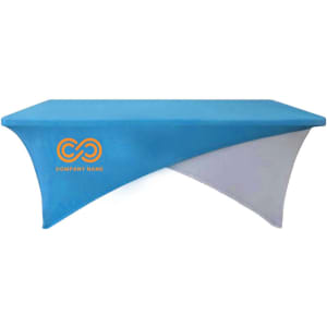 A blue and white stretch tablecloth for a 6ft table, featuring a logo.