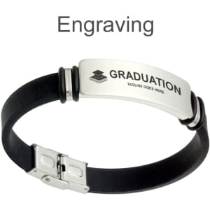 A colour engraved bracelet featuring a silver metal plate with a black band and a clasp. The bracelet includes a logo.