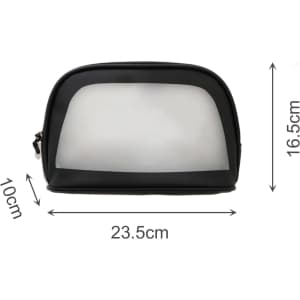 A waterproof transparent cosmetic bag in black with dimensions 23.5cm x 16.5cm x 10cm, featuring a zip closure.
