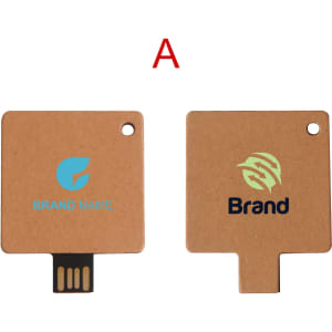 A square eco-friendly flash drive in brown cardboard with two sides featuring logos and a USB connector.