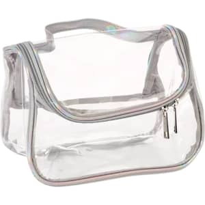A transparent cosmetic bag with a grey zipper and handle, featuring a holographic trim.