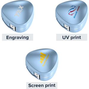 A triangular blue 3-in-1 retractable charging cable featuring options for engraving, UV print, and screen print.