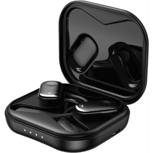 A pair of black open-ear headphones in a glossy charging case. The case has a sleek design with a logo visible.