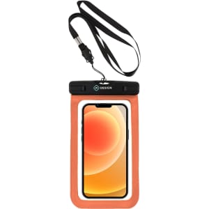 A waterproof phone bag in orange with a black strap, featuring a phone display inside and a logo.