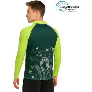A unisex adults polo shirt in dark green and vibrant lime, featuring a design with nature motifs and a logo.