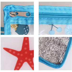 A polyester cooler bag in blue with a starfish design, featuring a zip closure and metallic lining.