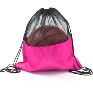 A pink drawstring mesh backpack with a black mesh top, holding a basketball inside. It features a logo.