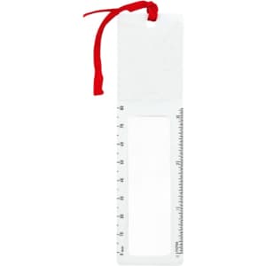 A transparent magnifying bookmark ruler with a red ribbon, featuring measurement markings.