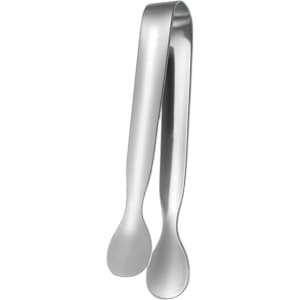 A stainless steel ice tong with a sleek, shiny finish, featuring rounded ends for gripping. It has a logo on its side.