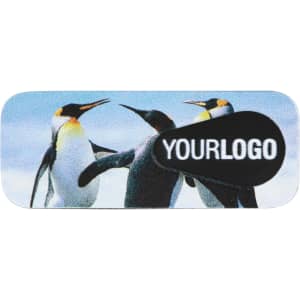 A smart webcam cover featuring a penguin design and a logo area, predominantly in shades of blue and black.