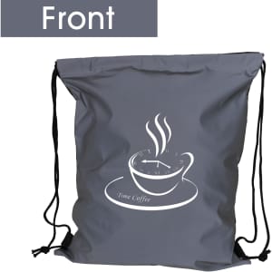 A grey reflective drawstring bag featuring a coffee cup graphic and a logo. The bag has two black drawstrings.