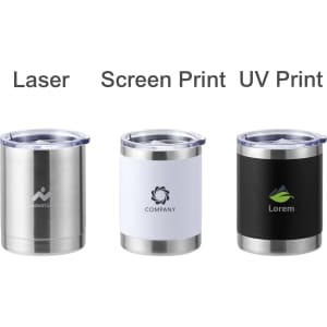 A drink bottle in three styles: stainless steel with white, black, and silver finishes, each with a logo.