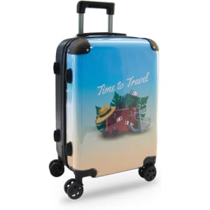 A wheeled suitcase in blue and black, featuring a travel-themed design with various travel elements and a logo.
