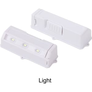 A light fixture in white, featuring three LED bulbs and a compact design, with a logo on the surface.