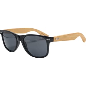 Bamboo sunglasses with black frames and bamboo arms, featuring a sleek design and tinted lenses.