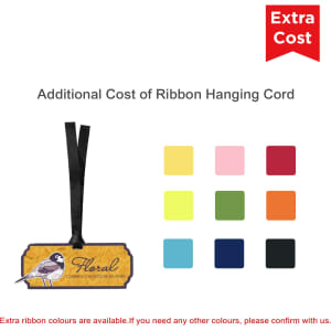 A rectangular promotional tag featuring a bird illustration and a floral design, with a black hanging ribbon.