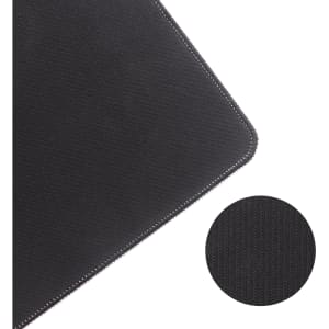 A black rubber counter mat with a textured surface and rounded corners, featuring a close-up detail of the fabric.
