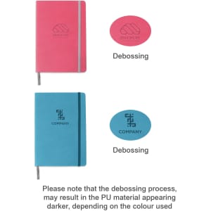 A5 PU cover notebooks in pink and blue, featuring a logo and debossed design on the front cover.