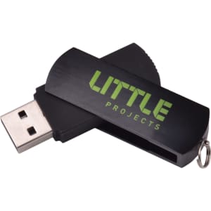 A black USB flash drive with a sleek design and a keyring attachment, featuring a logo.