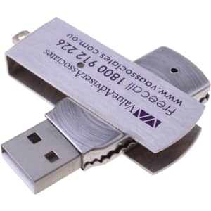 A metal rectangular swivel flash drive with a silver finish and a branding logo.