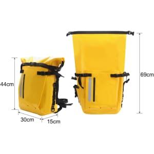 A yellow waterproof roll top backpack with adjustable straps, side pockets, and reflective details. Features a logo.