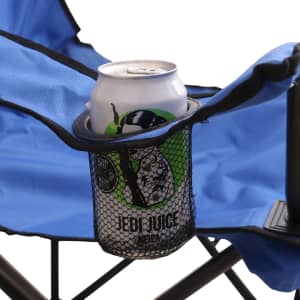 A blue camping chair featuring a mesh cup holder with a drink can. The chair is foldable and portable.
