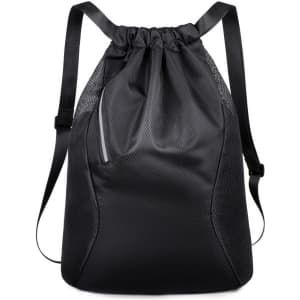A black sports drawstring backpack with mesh sides and a sleek design, featuring adjustable straps and a logo.