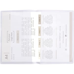 A clear soft PVC folder with a white interior, designed for A4 documents, featuring sections for informational content.