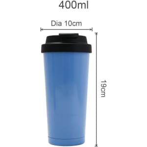 A drink bottle featuring a blue body and a black lid, with a capacity of 400ml. It has a logo on the side.