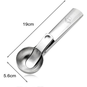 A stainless steel ice cream scoop measuring 19cm in length and 5.6cm in diameter, featuring a logo.