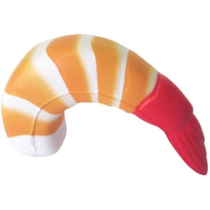 A shrimp-shaped stress reliever in orange and white, featuring a red tail. It has a smooth, squishy texture.