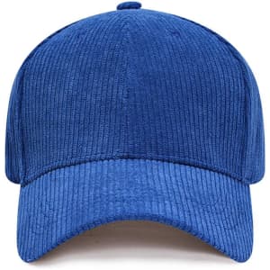 A blue corduroy baseball cap with a structured design and a logo on the front.