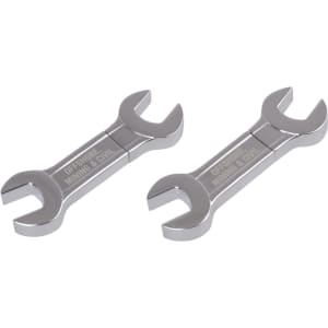 A dual spanner flash drive in silver, featuring two wrenches connected at the centre. It has branding on the surface.