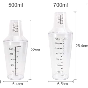 A drink bottle set featuring two transparent shakers in 500ml and 700ml sizes, each with measurement markings and caps.