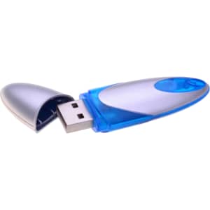 A silver and blue flash drive with a removable cap, featuring a logo on one side.
