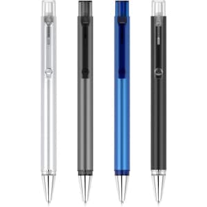 A set of four flat pens in silver, grey, blue, and black, each featuring a clip and a logo.