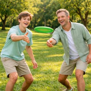 A green TPR flyer is being thrown between two smiling men in a park. They are wearing casual light-coloured clothing.