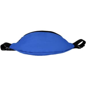 A blue bum bag with a black zipper and adjustable straps. It features a logo on the front.