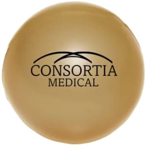 A gold 50mm ball shape stress reliever with a logo printed on its surface.