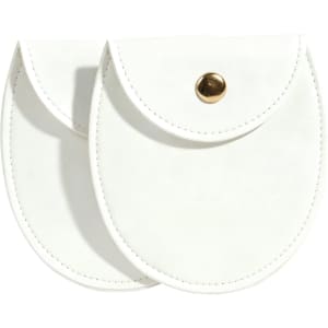 Two oval white PU leather jewelry pouches with a gold snap fastener, featuring a clean and simple design.