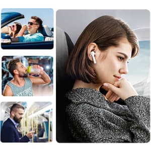 Wireless earbuds in white, showcased in a collage featuring various people using them in different settings.