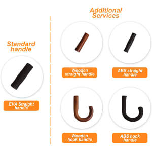 A collection of golf umbrella handles, including EVA, wooden, and ABS options in various styles and colours.